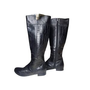 Napoleoni Boots Black Leather Riding Boots Knee High Croc Embossed 38
